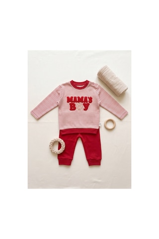 Deniva Kids Kırmızı Çizgili Mama's Boy Kabartmalı Sweatshirt Ve Eşofman Altı 2'li Bebek Takım