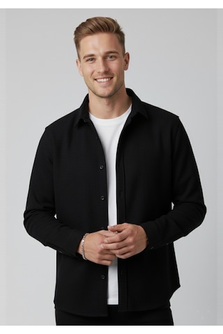 Deepsea Erkek Siyah Kadife Fitilli Rahat Kesim Gömlek Yumuşak Dokulu Likralı Kadife Gömlek 2600758 Siyah