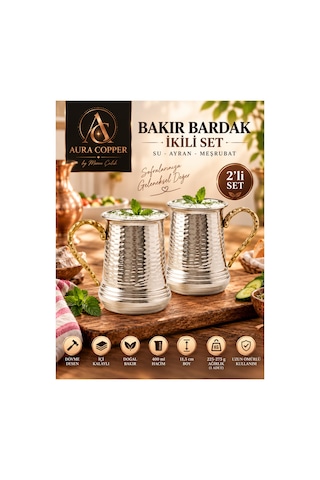 2 Adet: Kulplu Bakır Ayran Bardağı 400 Ml Dövme Desen İçi Kalaylı Gümüş Renk Su Meşrubat Bardağı Kupa - Bakır Bileklik Hediyedir Trs-0157