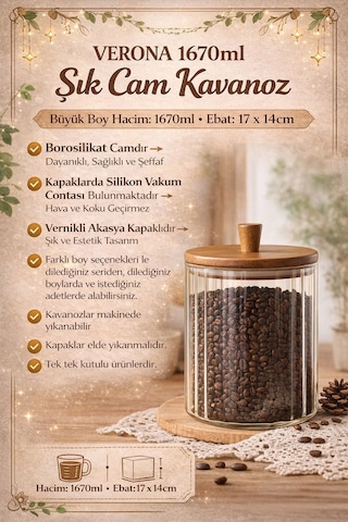 Akasya Cam Kavanoz 1670 Ml-akasya Kapaklı Büyük Boy Kavanoz-mien Baharat, Bakliyat, Kahve Kavanozu Kahverengi - Şeffaf