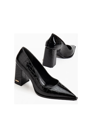 Suins Premium Kevin Model Kadın Kalın Topuklu Kroko Stiletto Ayakkabı Siyah
