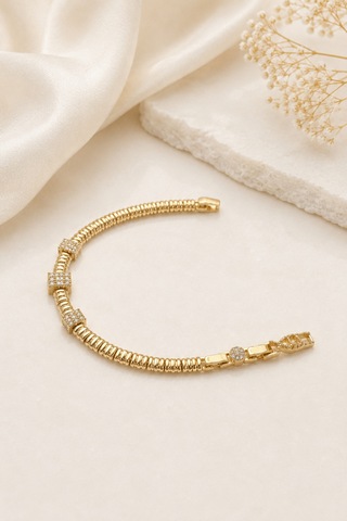 Balenbi Jewelry Kadın Üçlü Taşlı Kare Detaylı Esnek Zincir Kararmaz Çelik Bileklik 14k Gold 1143 Altın