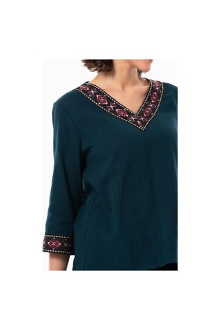Truvakar Kol V Yaka Nakışlı Talya Şile Bezi Yazlık Bluz Petrol Ptrl-petrol