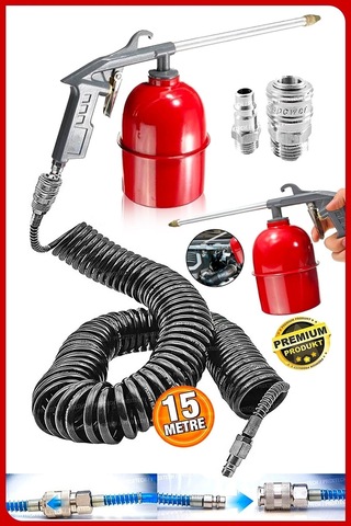 15 Metre Spiral Hortum Oto Araba Motortemizleme Mazot Tabancası Solvent Püskürtücü Jak Set