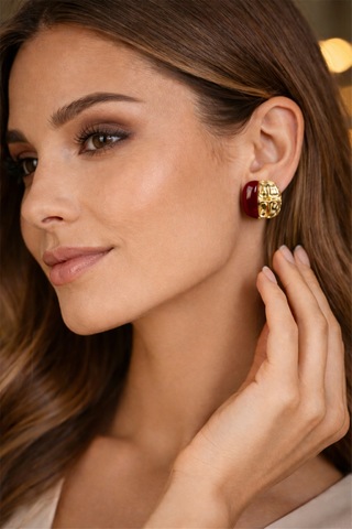 Bordo Gold İkili Küpe Renkli