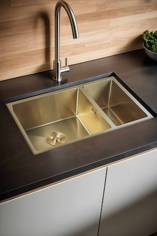 Uka Serisi %100 Krom 70x45 Paslanmaz Mutfak Eviyesi, Mutfak Lavabosu Sifon Dahil Gold