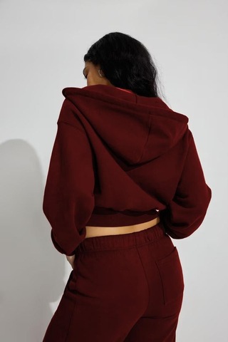 Seeh Bordo Crop Kapşonlu Fermuarlı Kadın Sweatshirt Sh299 Standart