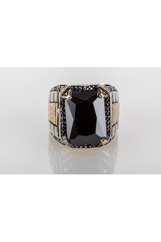 Gümüş Saat Kordon Model Siyah Zirkon Taşlı Erkek Yüzük