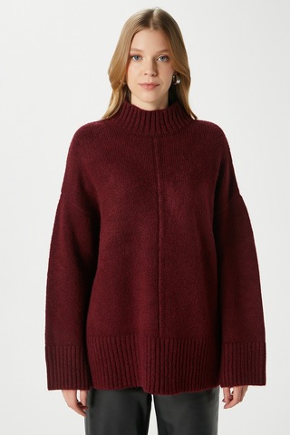 Ritnice Kadın Wonder Yumuşacık Dik Yaka Bordo Yırtmaçlı Oversize Triko Kazak Bordo