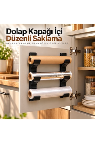 3 Katlı Mutfak Rulo Tutucu Streç Film, Folyo Ve Yağlı Kağıt Düzenleyici Siyah
