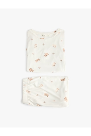Koton Ayıcık Baskılı Rahat Kesim Bisiklet Yaka Kısa Kollu Pijama Takımı Bej Desenli 7wlk40117mk