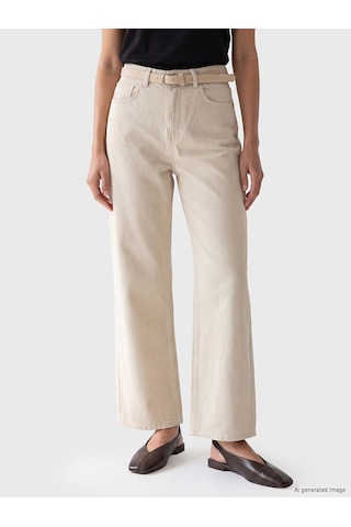 Lcw Everyday Bej Beli Kemerli Wideleg Kadın Jean Pantolon
