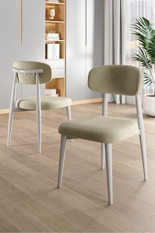 Canisa Jolin Serisi Mdf 90x168 Beyaz Mutfak Masa Takımı 6 Krem Metal Sandalye Beyaz Masa, Krem Sandalye