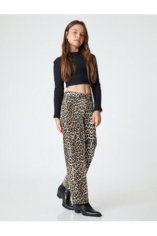 Koton Leopar Desenli Kot Pantolon Bol Paça Beli Lastikli Pamuklu - Wide Leg Jean Siyah Desenli 5wkg40082ad Siyah