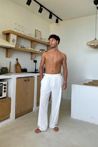 Flaw Bel Lastikli Rahat Kesim Keten Pantolon Beyaz Beyaz
