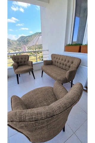 Azra Mobilya Çay Seti Koltuk Takımı - Keten Kumaş - Ahşap Ayak - Balkon Mobilyası- Kahverengi Kahverengi