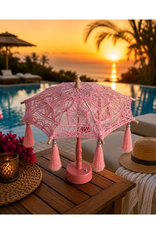 Missidea Dantel Soft Pink Bohem Dekoratif Şemsiye Lambası Pembe