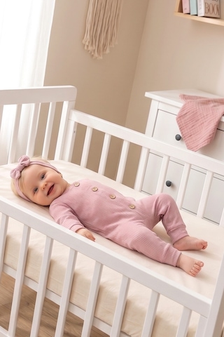 Babymod Fitilli Düğme İliklemeli Saç Bandlı Pamuklu Kız Bebek Tulum Set Pembe