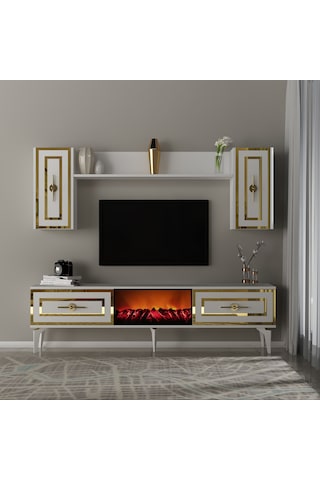 Violla Şömineli Tv Ünitesi Takımı Beyaz-altın
