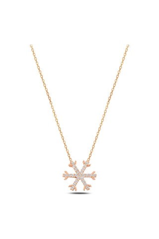 Çekirdekjewelry 925 Ayar Rose Kaplama Kar Tanesi Kolye Işıltılı Taşlı Zarif Tasarım Pembe