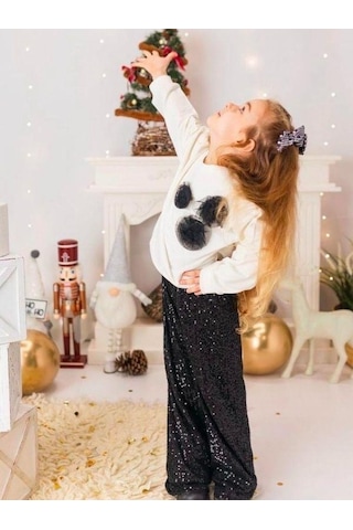 Çikoby Kız Çocuk Sweati Gül Detaylı Pul Payet Pantolonlu Takım-14881 Ekru