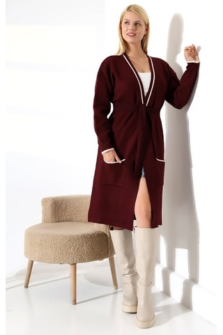 Redmina Fashion Cep Detaylı Dikişli Kuşaklı Triko Hırka Bordo