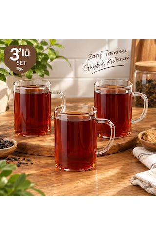 Çemi 3'lü Borosilikat Cam Kupa Bardak Seti 200 Ml - Isıya Dayanıklı Kulplu Çay Ve Kahve Kupası Şeffaf