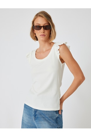 Koton Fırfırlı Karpuz Kol Tişört Yuvarlak Yaka Ribanalı Slim Fit Beyaz 5wak10179ek Beyaz