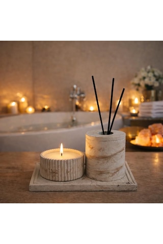 Beton Banyo Seti, Mum, Difüzör Oda Kokusu Kabı Ve Dekoratif Tepsi, Banyo Dekoru, 4 Parça Set, Koku Çubuk Hariç Diğer