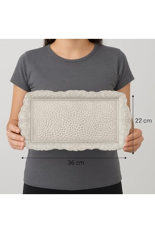 Osmanlı Motifli Küçük Metal Servis Tepsisi Dekoratif Sunum Tepsisi, 36 X 18 Cm, 306 G Gümüş Grisi 15cm