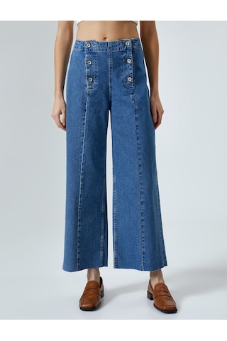 Koton Geniş Kısa Paça Kot Pantolon Düğmeli Yüksek Bel - Sandra Jeans Orta İndigo 4sal40087md 4SAL40087MDMID İndigo