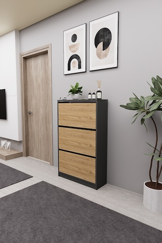Mirobi Kembe 3 Bölmeli Açılır Modern Dekoratif Ayakkabılık An... Antrasit - Atlantik Çam