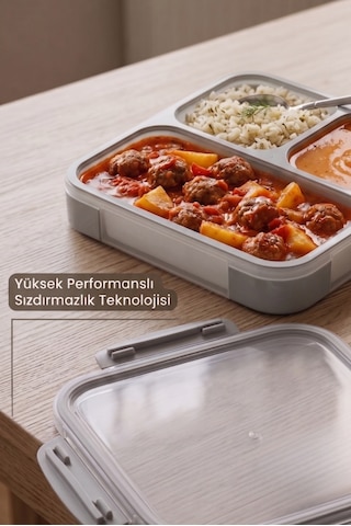 3 Bölmeli Sızdırmaz Kilitli Kapaklı Yemek Kabı Hava Geçirmez Yemek Kutusu Gri