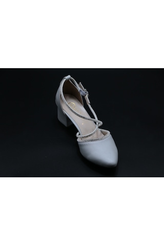 Ayakkabımood Saten Taşlı 5 Cm Kalın Topuk Topuklu Kadın Ayakkabı GÜMÜŞ