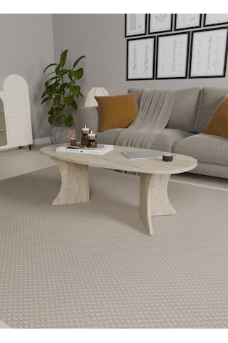 Oval Orta Sehpa Geniş Yüzeyli, Stabil Ayaklı Modern Salon Sehpası Bej