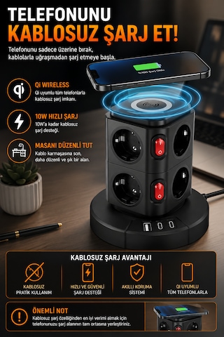 3680w Akım Korumalı Kule Priz 8 Ac Priz 1 Usb 2 Type-c Çoklu Priz Ev Ofis Kullanımı