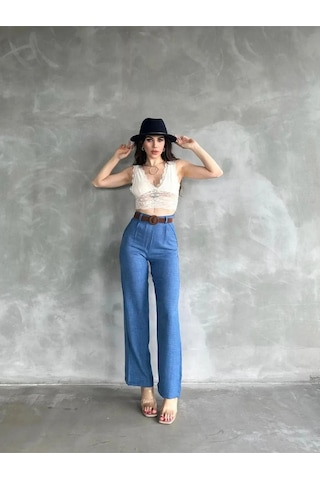 Derenle Beli Kemerli Keten Pantolon Mavi