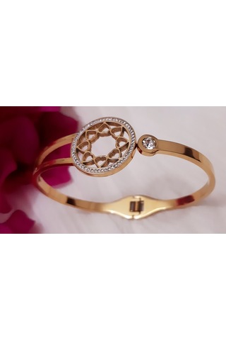 Giftworld Çelik Gold Taşlı Zarif Kelepçe Bileklik Altın
