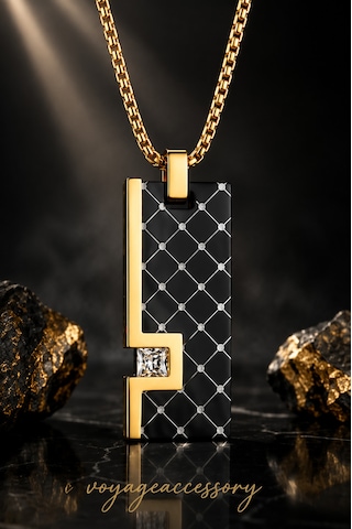 Paslanmaz Çelik Kübik Zirkon Detaylı Premium Gold Siyah Erkek Kolye Altın - Gümüş