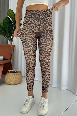 Leopar Desen İçi Şardonlu Kadın Toparlayıcı Tayt - Kahverengi Kahverengi