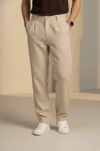 Bürke Çift Pileli Krem/Bej Beli Yarım Lastikli Kaliteli Keten Görünümlü Baggy Pantolon