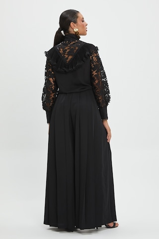 Kadın Dantel Detaylı Uzun Kollu Bluz - Yüksek Yaka, Transparan Kol, Şık Ve Modern Tasarım - Ofis Ve Özel Davetler İçin Bluz Siyah