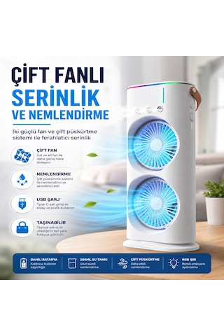 Çift Fanlı Nemlendirmeli Masaüstü Vantilatör Usb Şarjlı 3 Kademeli Hız Ayarlı 360 Dönebilen Fanlı Taşınabilir Hava Serinletici