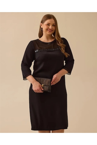 Büyük Beden Pullu Transparan Detaylı Elbise Gala-xi Siyah