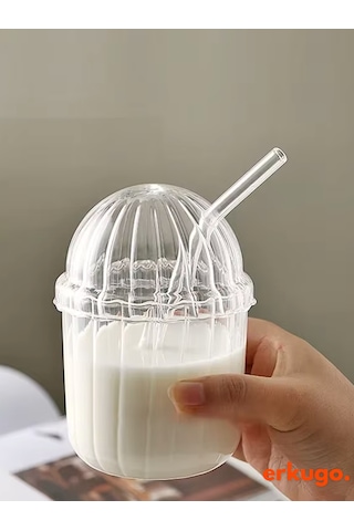 Cam Kapaklı Pipetli Borosilikat Sunum Bardağı, Isıya Dayanıklı Bardak, Kahve Bardağı 450 Ml Mocha