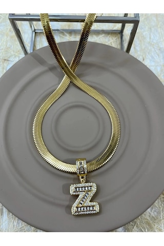 Premium Gold Renk 316l Çelik Z Harf Model Parlak Ve Şık Taşlı Vıp Seri Kolye 45cm Altın