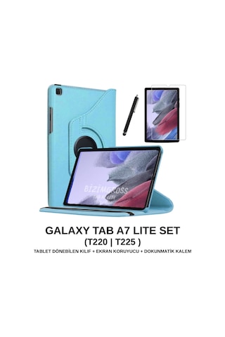 Samsung Galaxy Tab A7 Lite Sm T220 T225 Dönebilen Tablet Kılıfı + Ekran Koruyucu + Kalem Set 8.7 Inç Kapaklı Kılıf