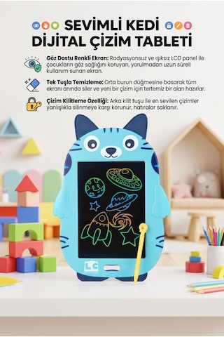 8.5 İnç Sevimli Kedi Figürlü Renkli Lcd Dijital Çizim Ve Yazı Tableti - Eğitici Grafik Yazı Tahtası