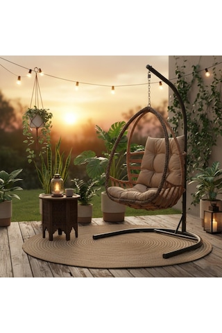 Rehome Malta Tek Kişilik Rattan Bahçe Salıncağı Açık Kahve Açık Kahverengi