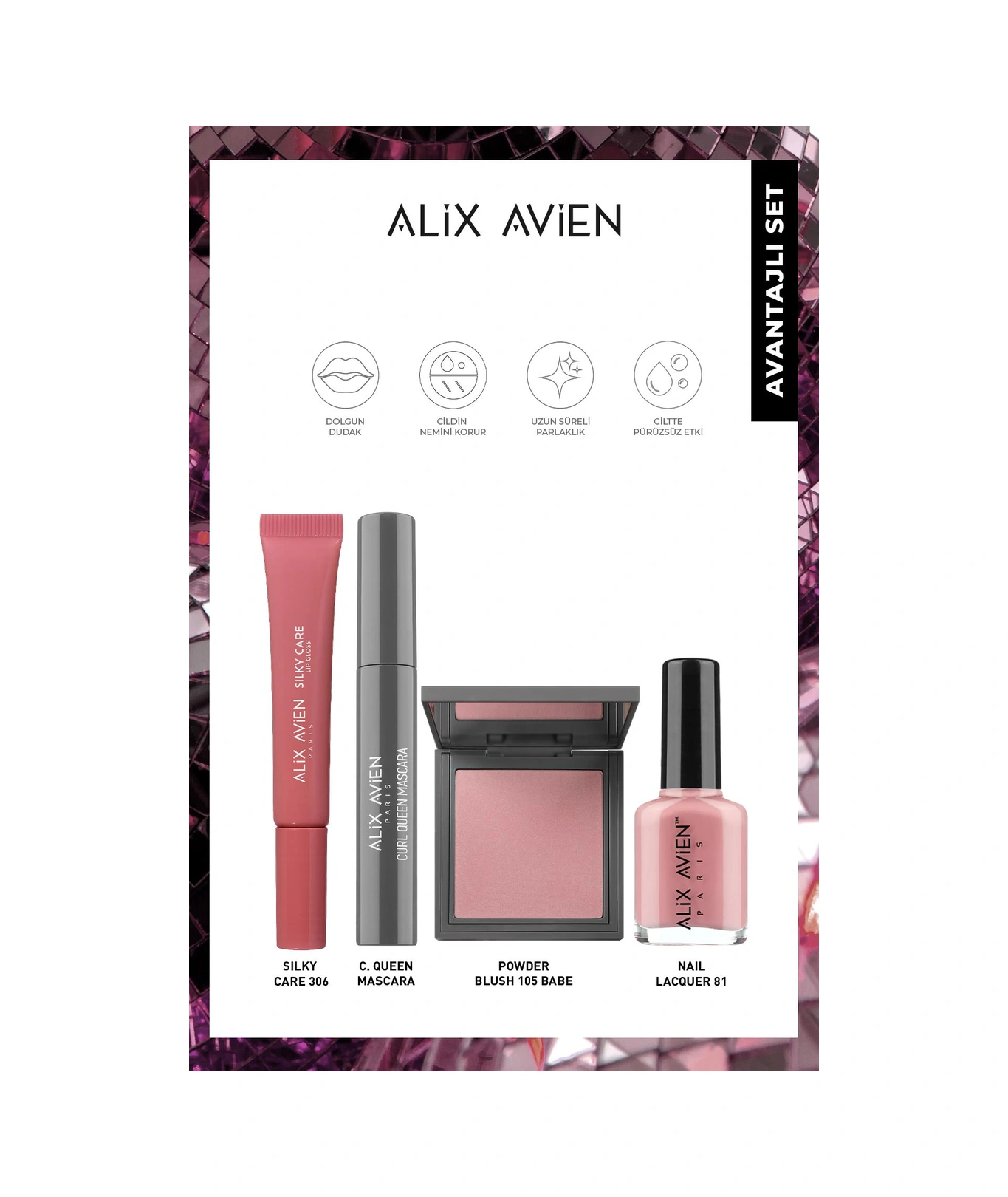 Alix Avien Yoğun Pigment Veren Uzun Süre Kalıcı Dolgunlaştırıcı Nemlendirici Etkili Akmayan Pembe Makyaj Seti